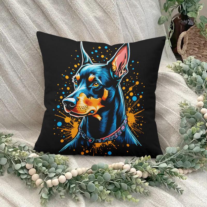 Doberman Dog Art Pillow Cover 2D Printed Polyester Sofa Cushion Case – Vibrant Pet Portrait For Home & Outdoor Decor