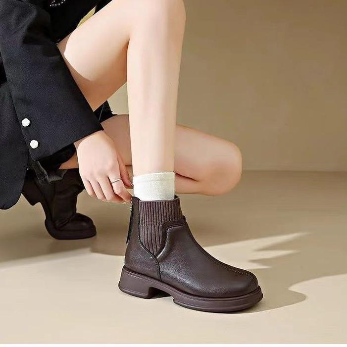 Soft-soled Boots Women's Autumn Winter British Style Thick-soled Socks and Boots Rear Zipper Martin Boots Western Style Chelsea Short Boots