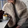 Women Fashion Cropped Faux Fur Jacket Coat Long Sleeve Front Snap-button Female Outerwear Chic Lapel Collar Thick Coat