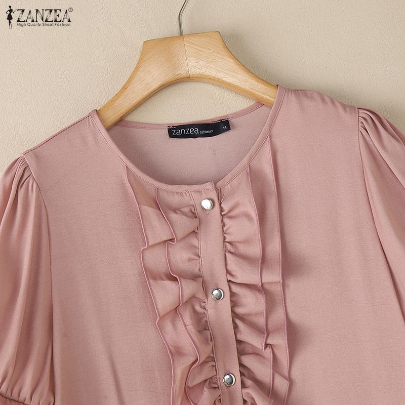 ZANZEA Women Casual Ruffles Splice Round Neck Summer Short Sleeve Dress