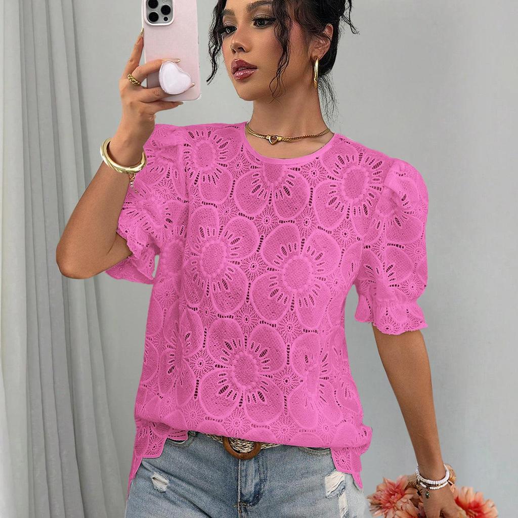 European & American Women's Casual Lace Puff Sleeve Top - Summer 2026 Collection