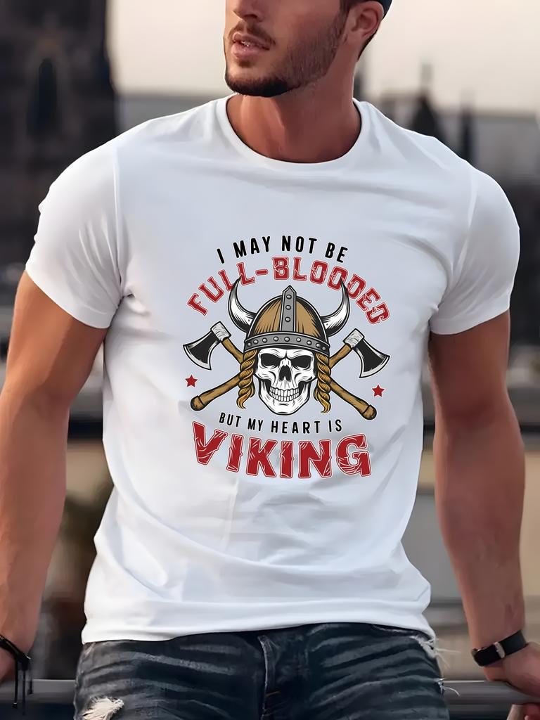 My Heart Is Viking Unisexs Crew Neck T Shirt Viking Skull Helmet Cross Axes Nordic Warrior Graphic Short Sleeve Casual Street Tops