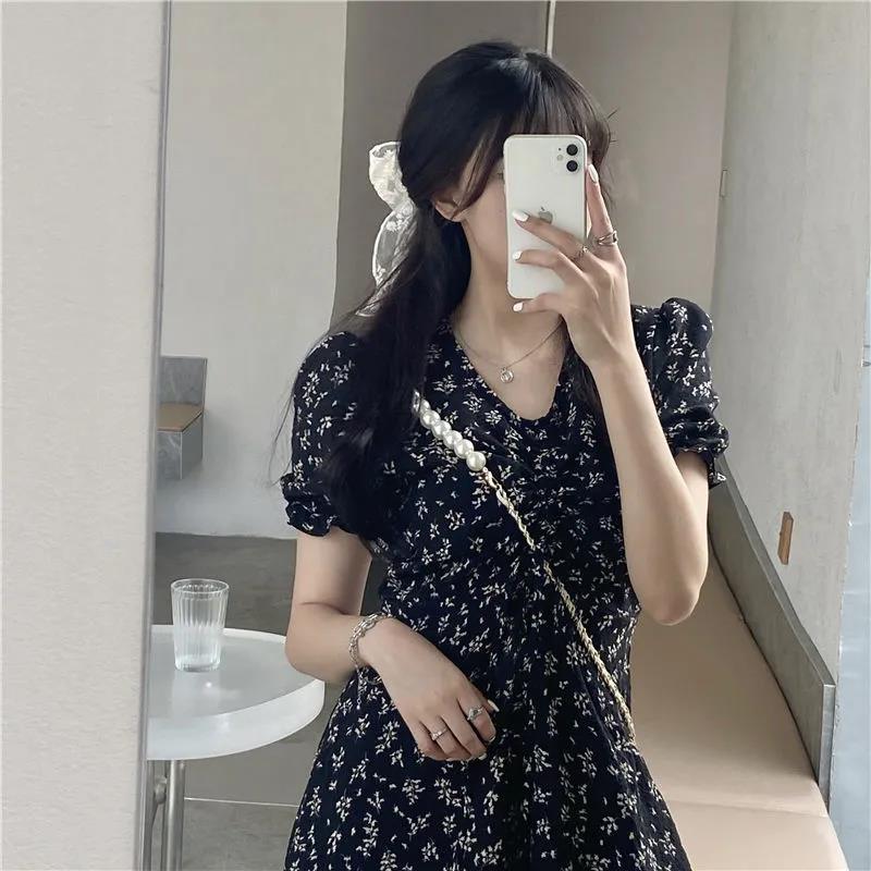 Summer new floral temperament skirt small medium and long short-sleeved small fresh dress fairy S