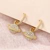 Micro Paved Clear Cubic Zirconia Saturn Charm Drop Earrings Full Stone Inlaid Small Hoop Gold Tone Cosmic Ladies Accessories
