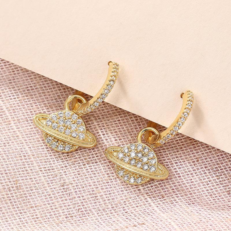 Micro Paved Clear Cubic Zirconia Saturn Charm Drop Earrings Full Stone Inlaid Small Hoop Gold Tone Cosmic Ladies Accessories