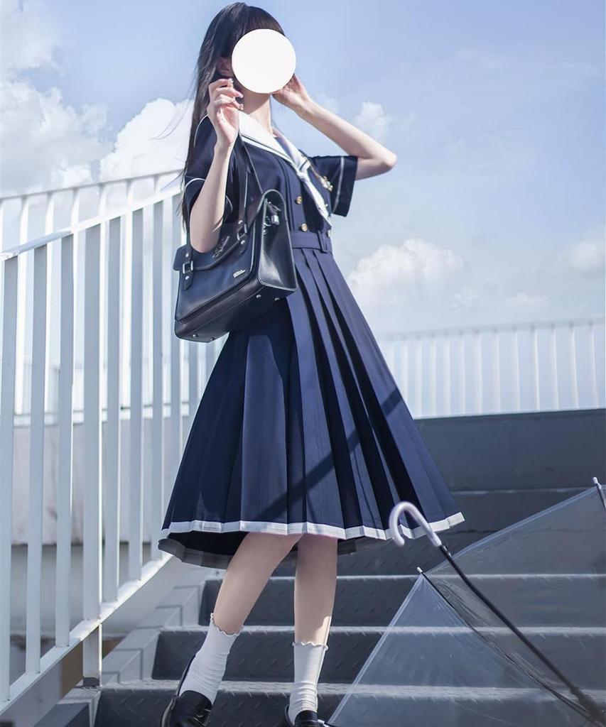GSYCL Sailor Short Navy Blue and High School Girl Halloween JK Long Perfect for Cultural and Cute Mori Girl Style Dress, Sleeves, White, 3-Piece Set,