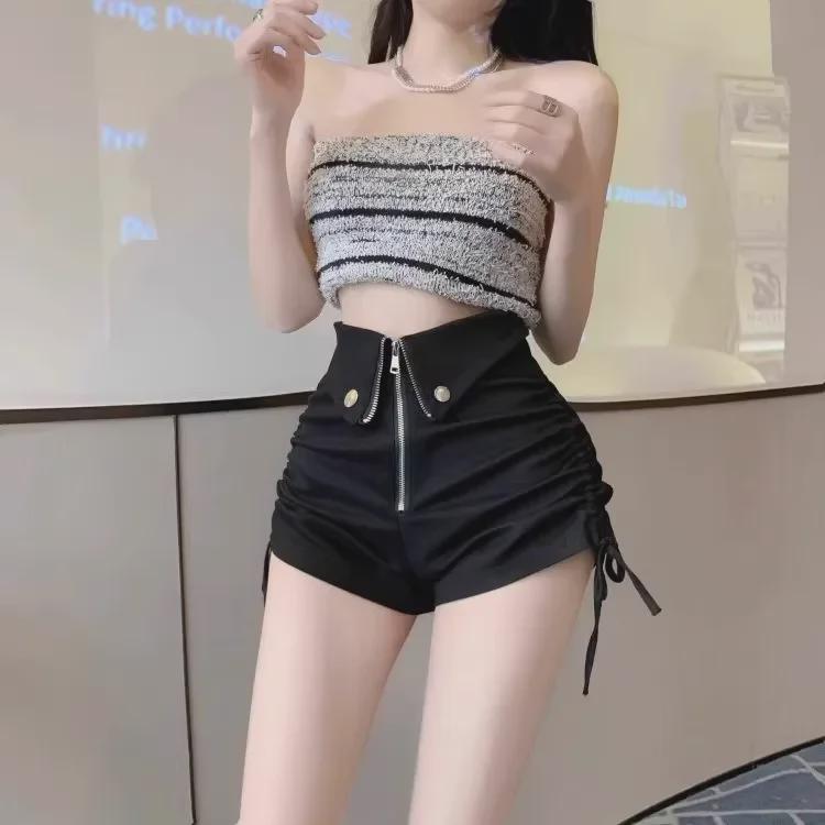 Dámské černé ležérní šortky s vysokým pasem a stahovací šňůrkou - Letní slim fit široké nohavice horké kalhotky