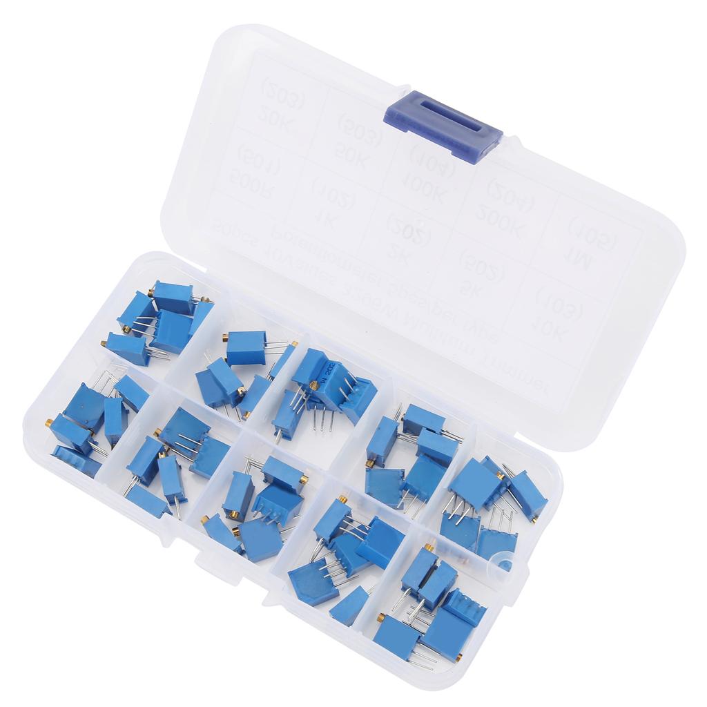 50pcs Variable Resistor 10 Values 3296W Regulating Resistance Multiturn Trimmer Potentiometer 100 Ohm 1M Ohm
