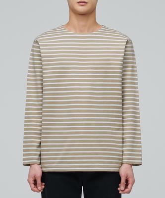 Striped Boat Neck Long Sleeve T-Shirt [Beige/Ivory]