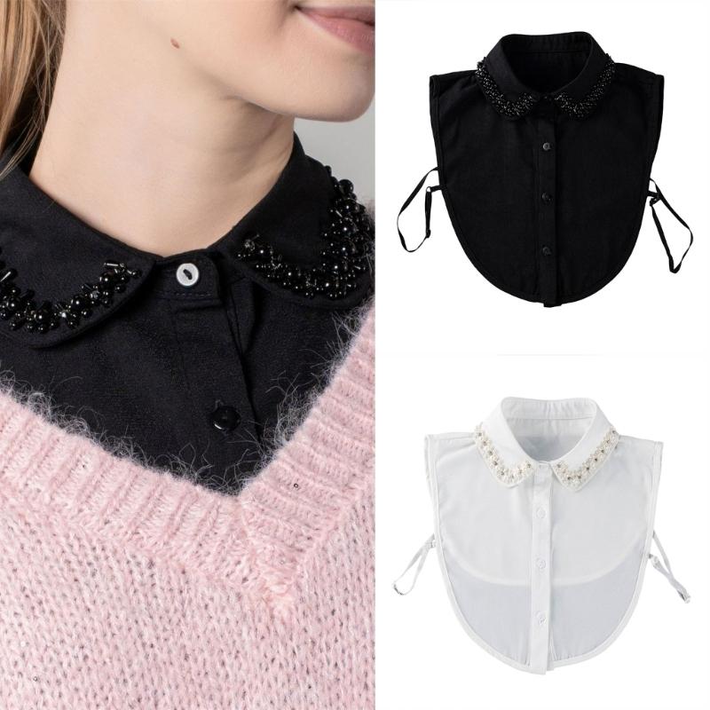 Comfortable Polyester Detachable Collar for Women Faux Pearls and Bead Removable Button Lightweight False Collar Shirt