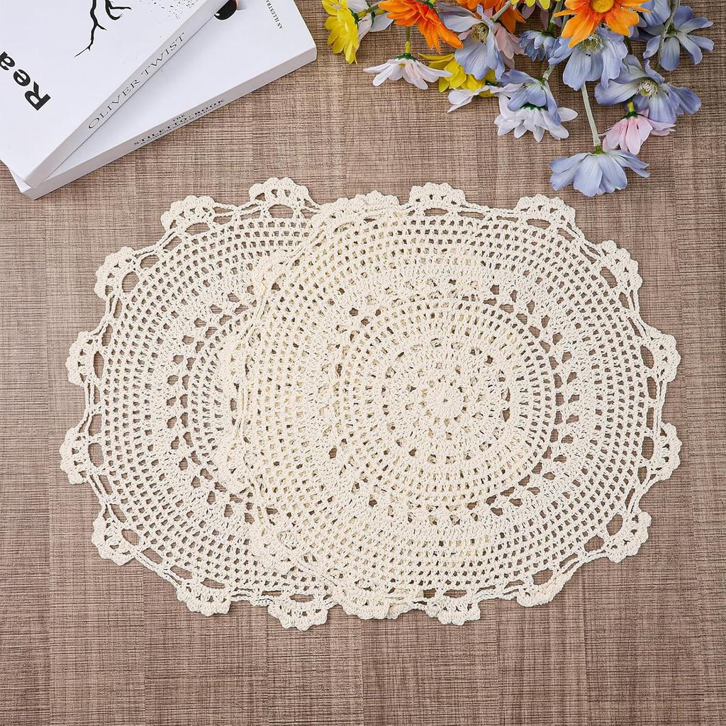 2 PCS Doily Round Crochet Beige Dollies for Tables Lace 13 Inch Round Cotton Crochet Doilies Handmade Lace Placemats Knitted Tablecloth for Home