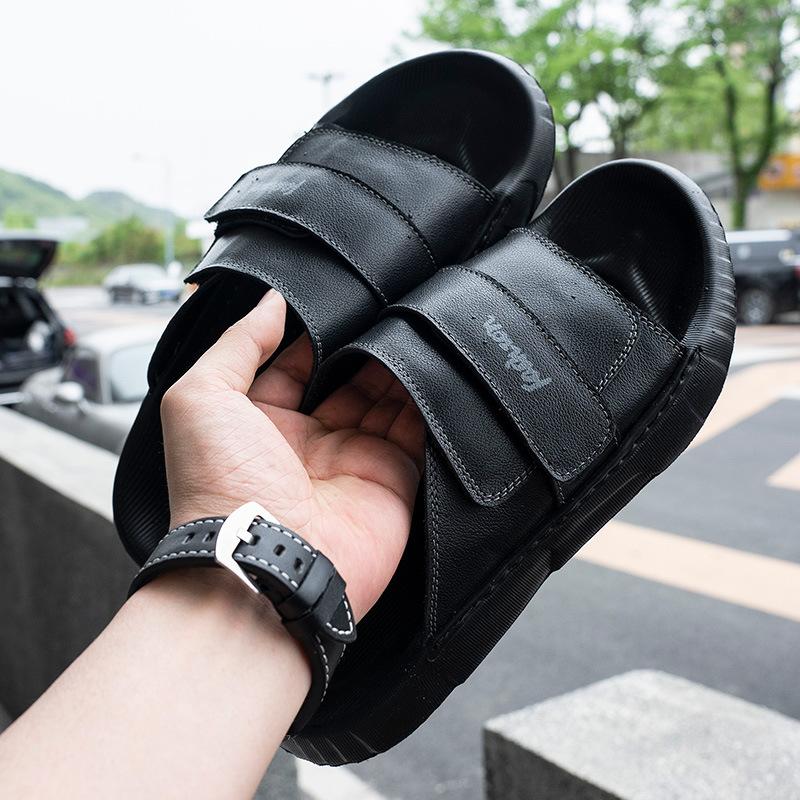 One-word Drag Men's Summer Wear Trend Casual Leather Slippers Thick-soled Non-slip Men's Beach Sandals