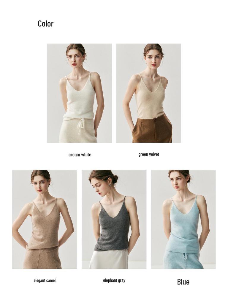 Versatile Women's V-Neck Cashmere Knit Camisole - Slim Fit, Thin Straps