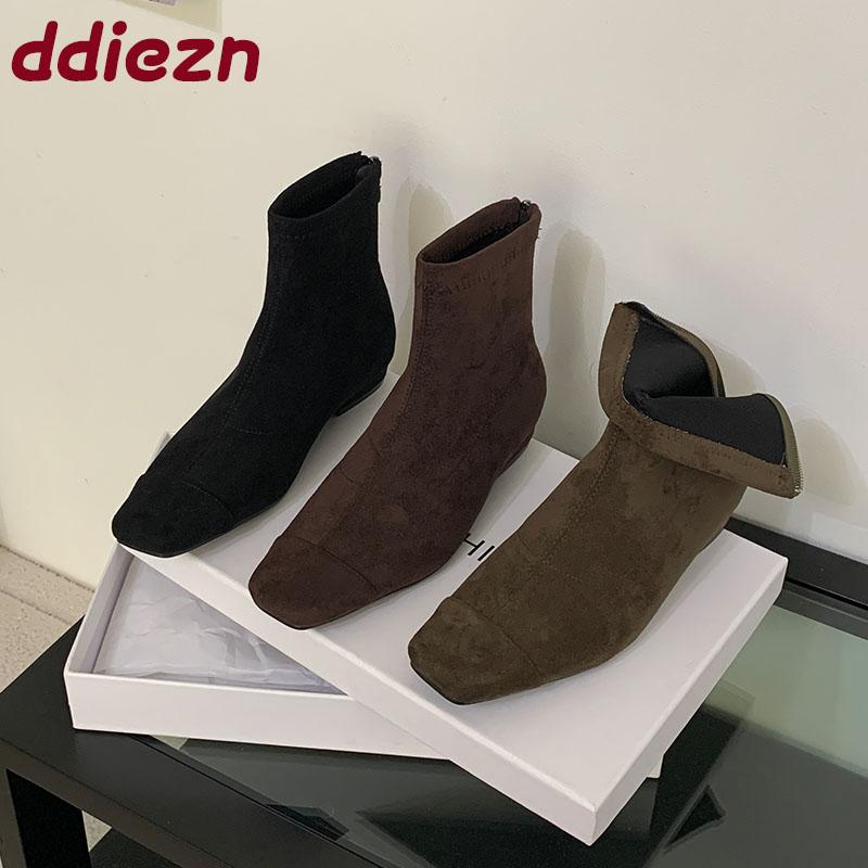 Fashion Fashion Flock Women Ankle Boots Flats Shoes Female Square Toe Ladies Flats Short Boots Shoes With Zippers Footwear