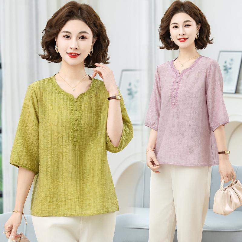 Middle Aged And Elderly Women's Casual Breathable Round Neck Short Sleeved Chinese Style T-shirt Western Style Top For Women
