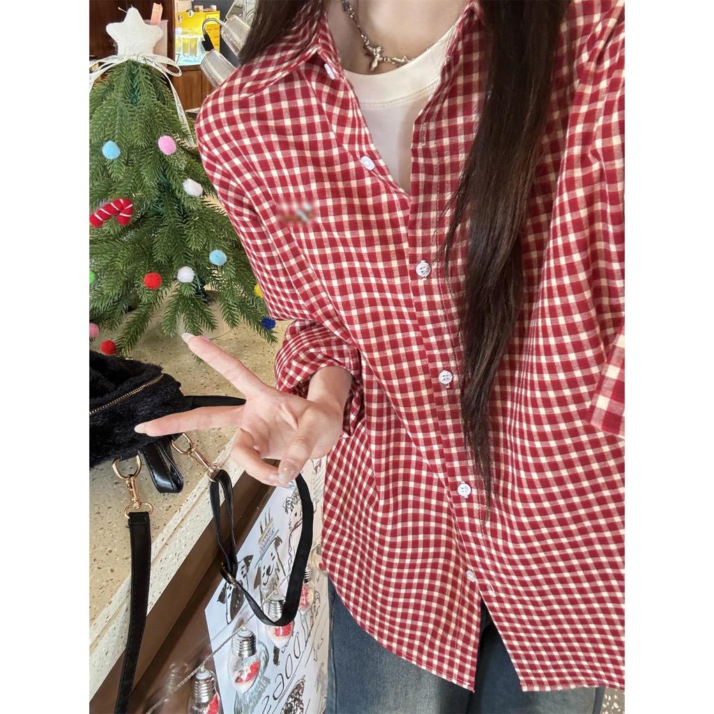 Women's Red Embroidered Plaid Shirt Jacket - Spring 2025 Small Size Casual Fashion