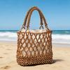 European American Style Handmade Woven Hollow Out Beaded Bag, Women Wooden Bead Tote Bag, Beach Vacation Crossbody Shoulder Bag