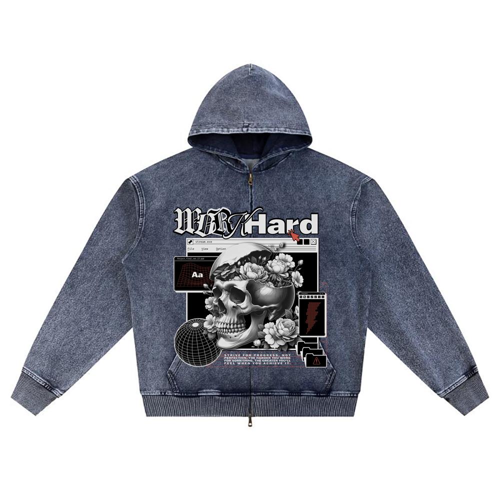 DTG print Knitted Denim Zip-Up Hoodie Work Hard Brother Print Zipper Hoodies  