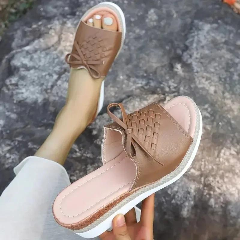 Fashion Pu Leather Women's Wedge Sandals Summer 2025 Bowknot Open Toe Plus Size Rome Sandals Woman Comfortable Lightweight Beach Sandles