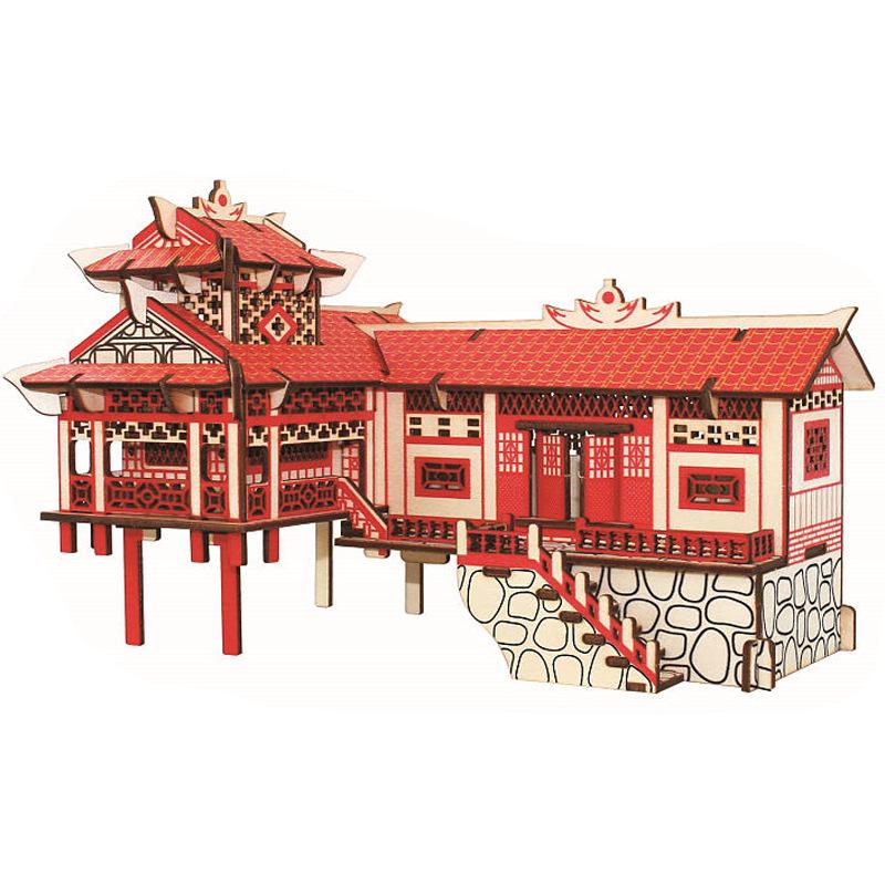Diaojiaolou 3D Wooden Jigsaw Puzzle - Handmade DIY Educational Building Blocks for Kids.
