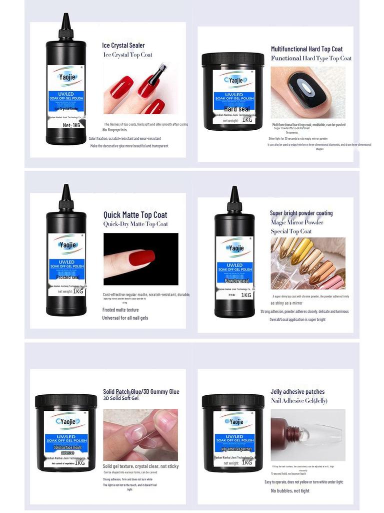 Gel Nail Polish Kit: Long-Lasting Base, Reinforcement, Tempered Top Coat, and Extension Building Gel for Salons.