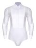 Mens Latin Rumba Ballroom Dance Leotard Long Sleeves Shiny Rhinestones Color Block Bodysuit with Bowtie