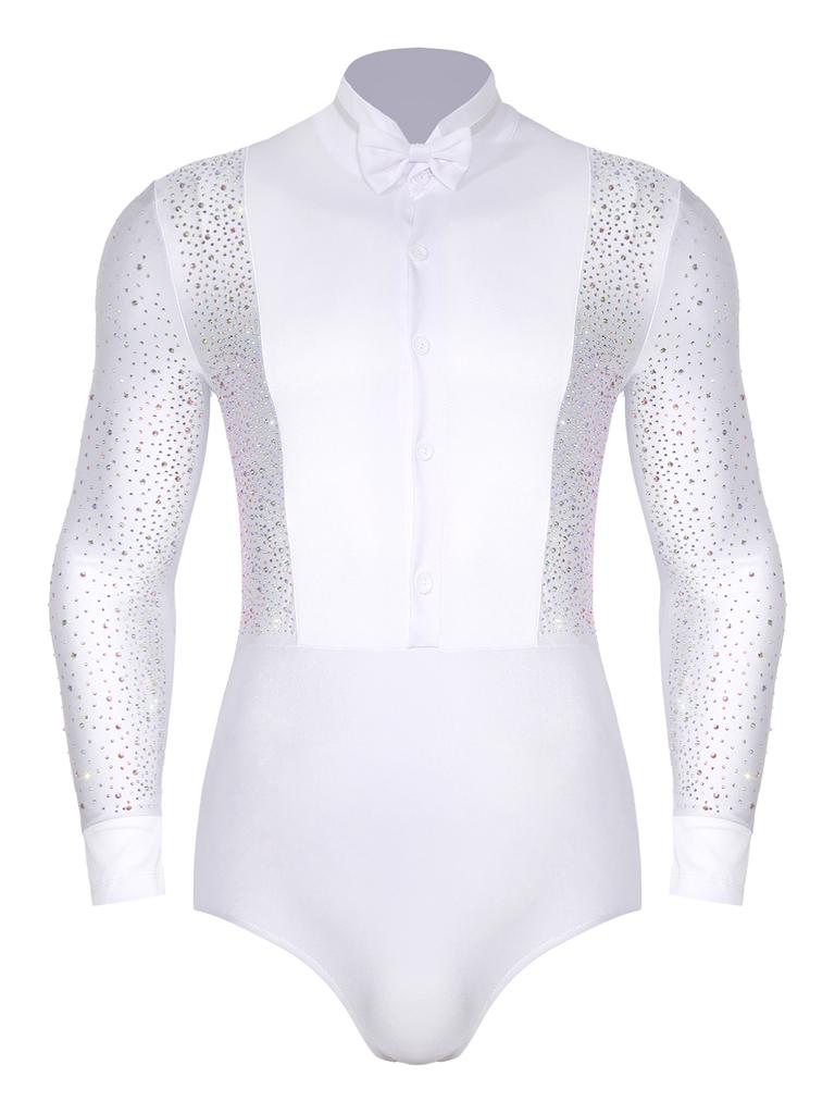 Mens Latin Rumba Ballroom Dance Leotard Long Sleeves Shiny Rhinestones Color Block Bodysuit with Bowtie