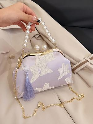 2026 Women's Crossbody Evening Bag with Chain Clasp - Textured Qipao Embroidery & Pearl Design