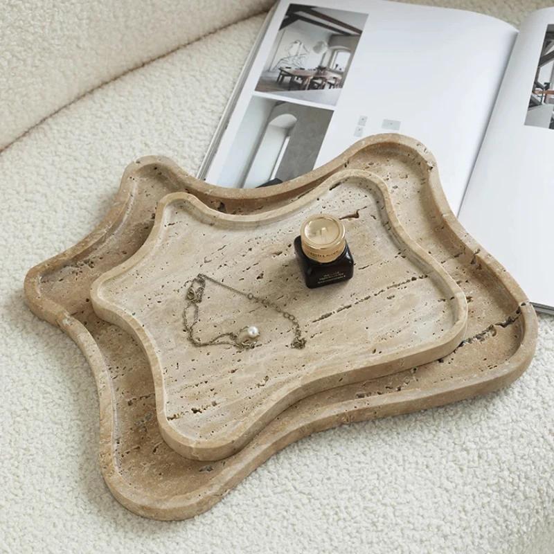 Vintage Travertine Stone Tray, Decorative Jewelry Plate Trinket Dish, Marble Counter Organizer for Bathroom Dresser Coffee Table