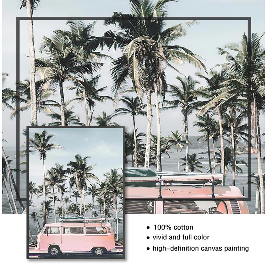 Painting Decoration Picture Scandinavian Home Decor Ocean Landscape Canvas Poster Nordic Style Beach Pink Bus Wall Art Print