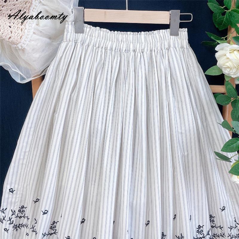 Mori Girl Spring Summer Women Short  A-Line Skirt Elastic Waist Striped Embroidery Skirt Vintage Basic Ladies' Skirts Womens