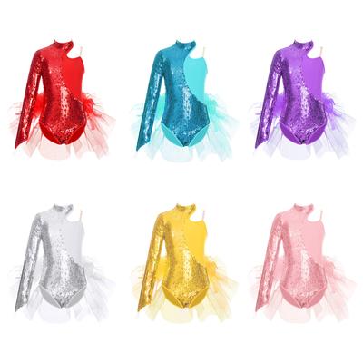 Børn Piger Jazz Latin Dansekjole Skinnende Paljetter Langærmet Høj Hals Ballet Dansekostume Leotard Jumpsuit