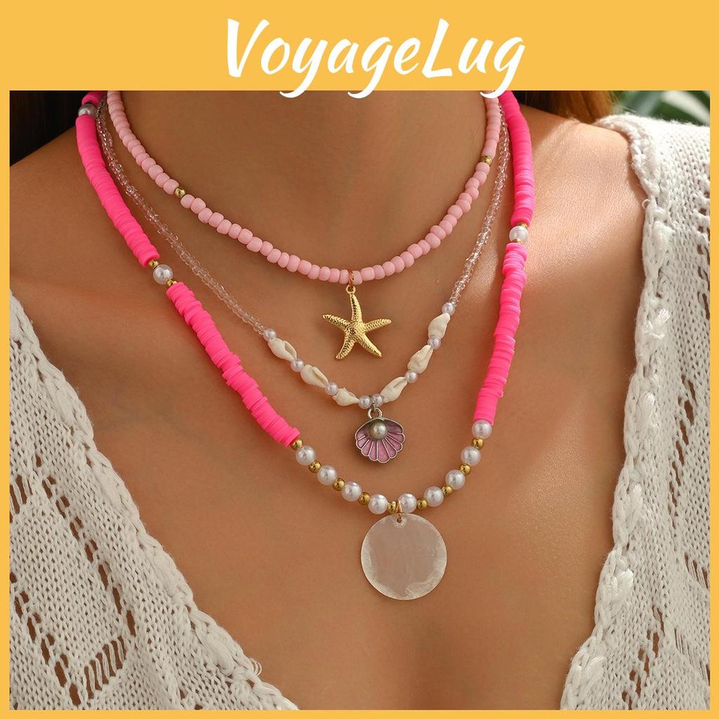 Soft Clay Layered Necklace With Shell Beads And Starfish For Women Summer Style