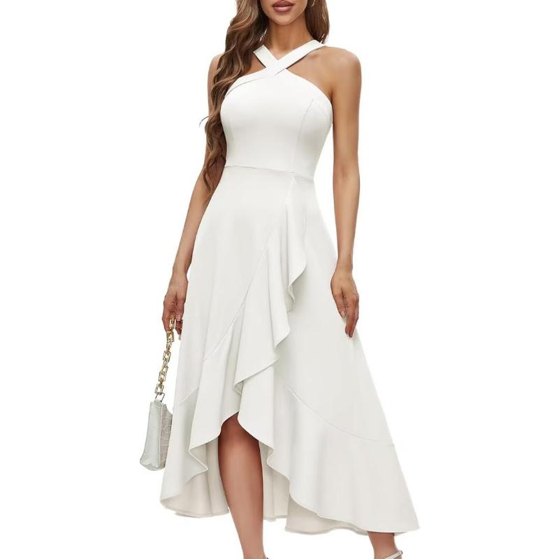 Vestido Midi Sexy Rojo para Mujer con Cruces en el Cuello Halter Volantes Dobladillo Asimétrico Sin Mangas Elegante para Noche Cóctel Boda Dama de Honor Fiesta Formal Baile de Fin de Curso
