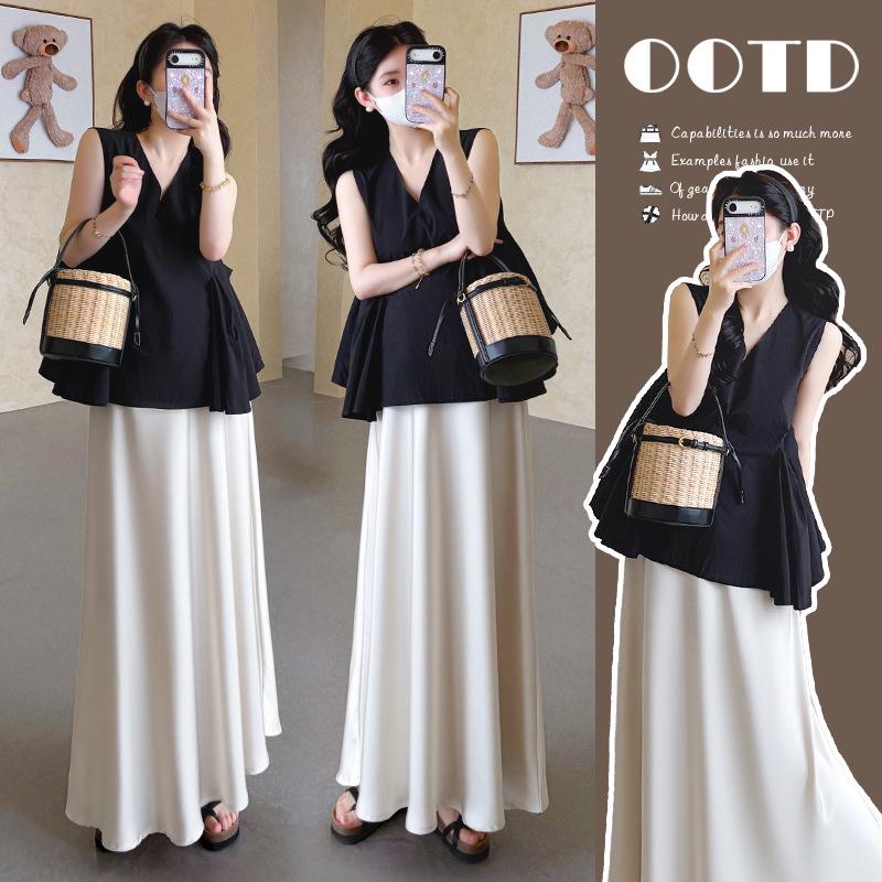 2026 Summer Maternity French Two-Piece Set: Korean Style Irregular Top + Support Skirt Large