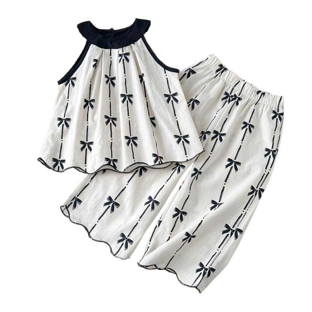 Girls' Stylish Pure Cotton Printed Set New Summer Children'S Halter-Neck Top And Wide-Leg Pants Two-Piece Set
