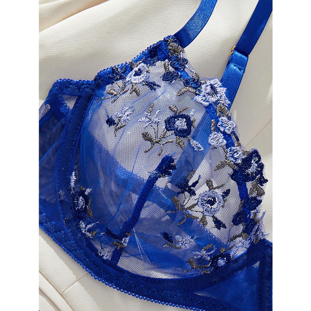 Sexy Fashion French Perspective Embroidery Blue Bra Underwear Women's Pure Desire Wind Mesh Seduction Underwear Set