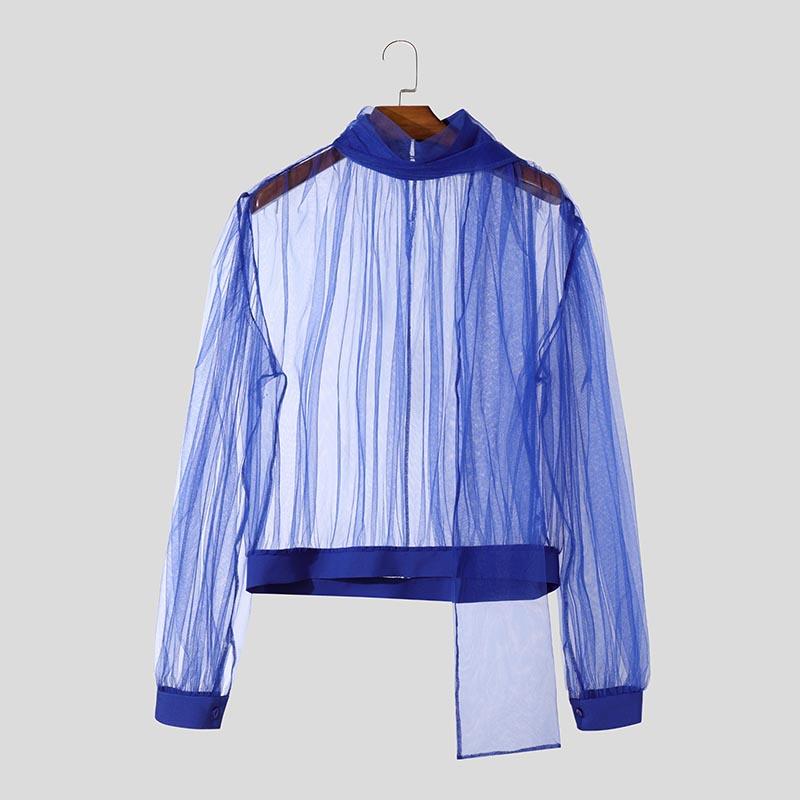 

INCERUN Мужская водолазка с длинным рукавом на шнуровке, сетчатая прозрачная клубная одежда, топы, футболки M синий