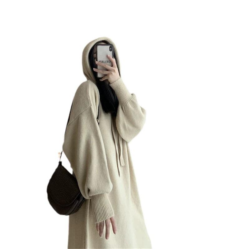 Autumn and winter new hooded large size knitted dress women's medium and long loose and thin lazy wind sweater skirt