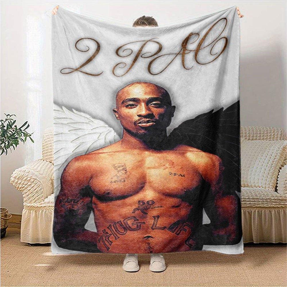 1pc 2Pac Hip Hop Blanket Soft Lightweight All Season Multi Purpose Throw for Sofa, Bed, Office & Picnics, French Style with Iconic Album Art & Quotes