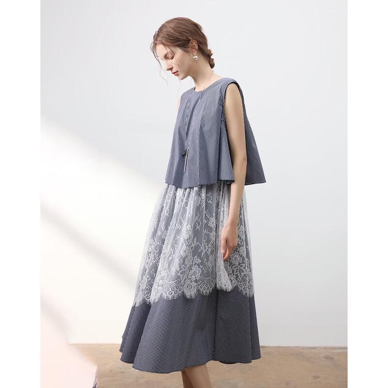 Demana Cloud Oxygen Cotton Retro Plaid Lace Sleeveless Midi Dress M