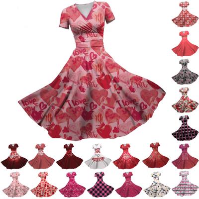 Vestido de princesa sexy para mujer, escote en V, estampado para el día de San Valentín, cintura ajustada, plisado, manga corta