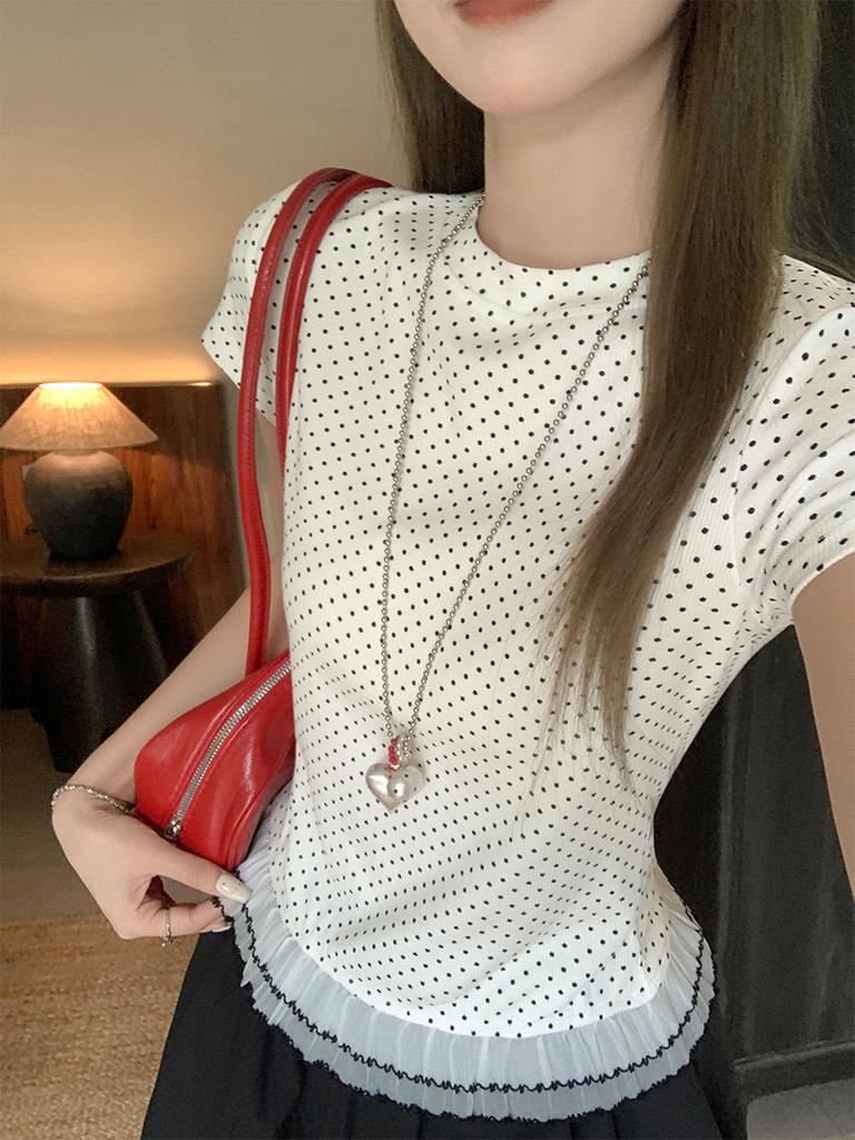 Korean White Polka Dot Lace Splicing Hem Design Short-sleeved T-shirt Women's Summer New Slim-fitting and Thin Top