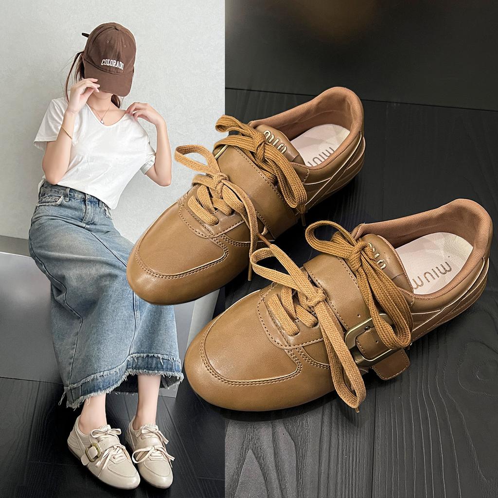 American retro German training shoes flat sole soft sole belt buckle double shoelace fashion casual British style small leather shoes single shoes 