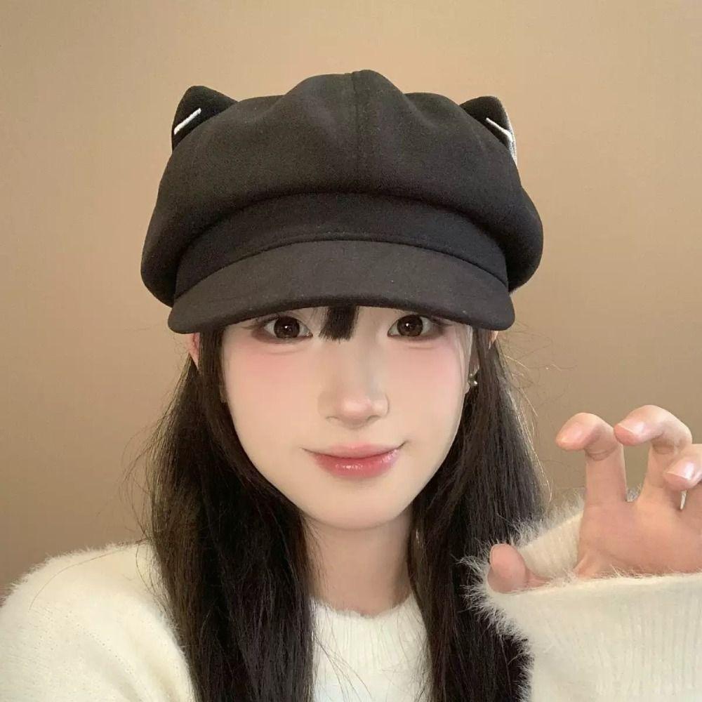Solid Color Cat Ear Hat Woolen Octagonal Cap Casual British Beret Hat Artist