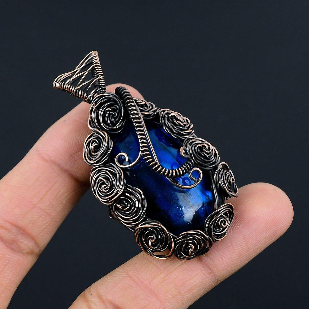 Blue Flash Labradorite Handmade Pendant, Natural Gemstone Jewelry, 999 Copper Wire Wrapped Pendant Jewelry, For Gift