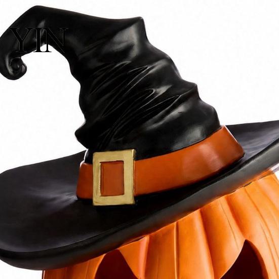 Haunted House Requisiten Halloween Kürbis Ornament mit Hexenhut, Harz Jack O Lantern Dekorative Lampe, Atmosphärische Raumaccessoires Gruseliges Gesicht Figur