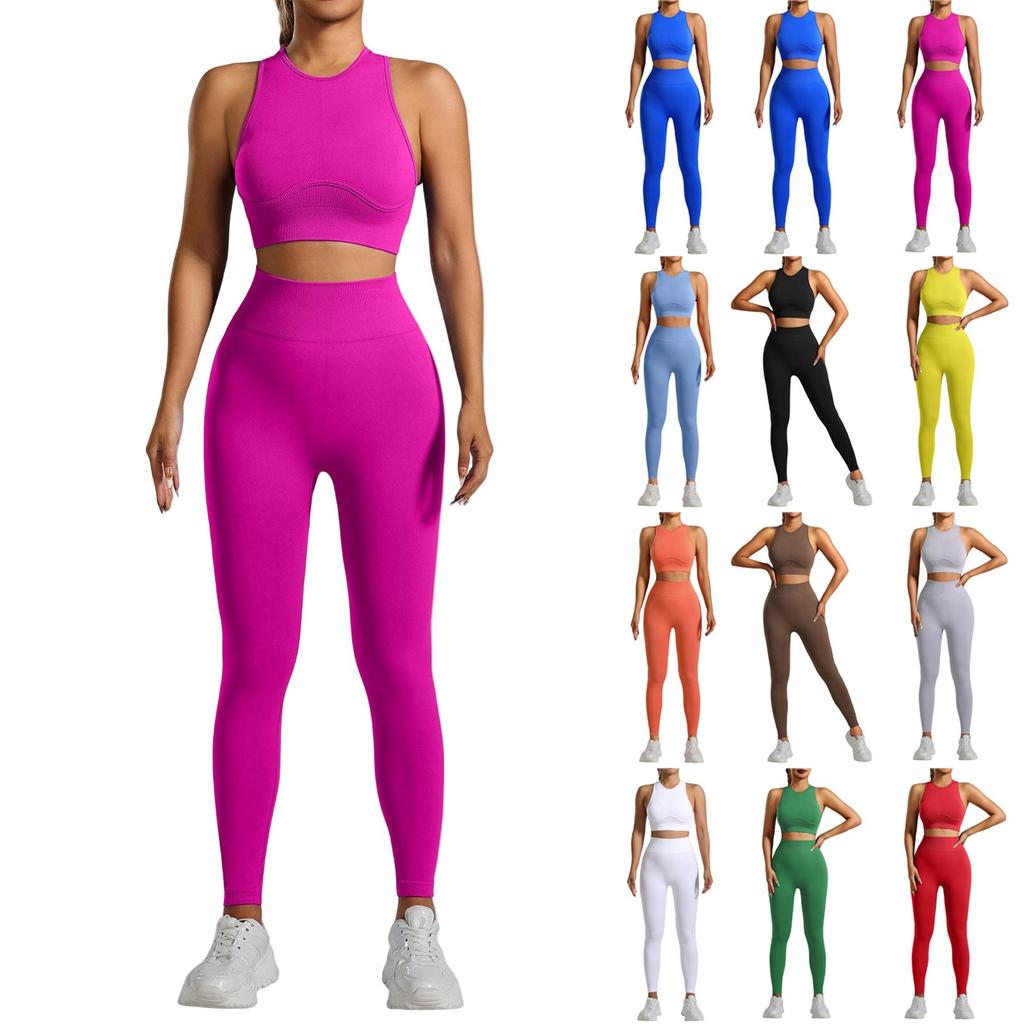 Women's Fashion Solid Color Tight Running Fitness Threaded Tank Top Seamless Pants Yoga Set