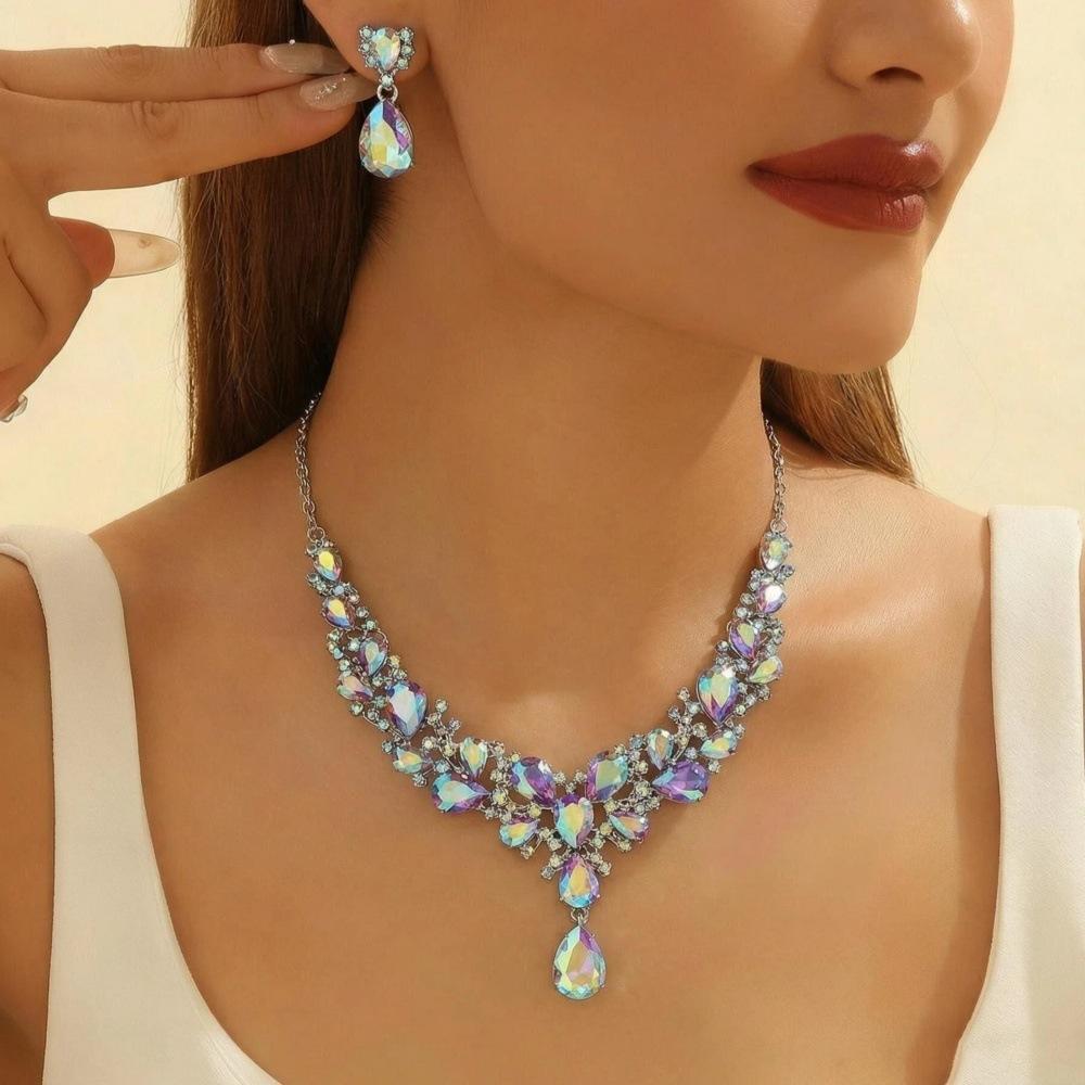 Bridal Teardrop Cluster Crystal Jewelry Set for Women Necklace Earrings Wedding Accessory