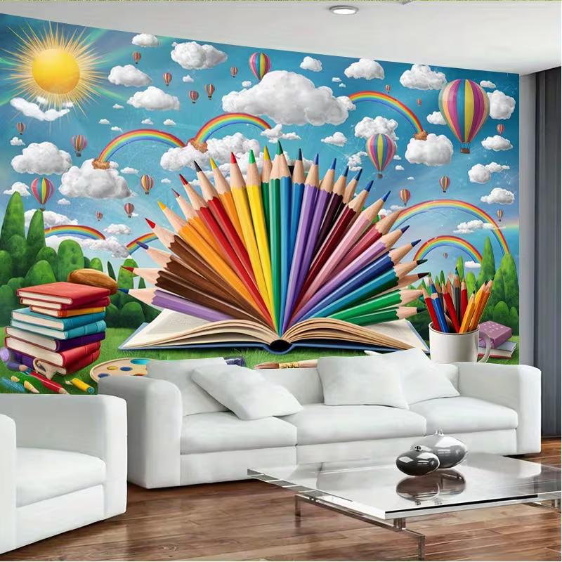 Colorful Pencil & Book Backdrop, Art Classroom Photography Background